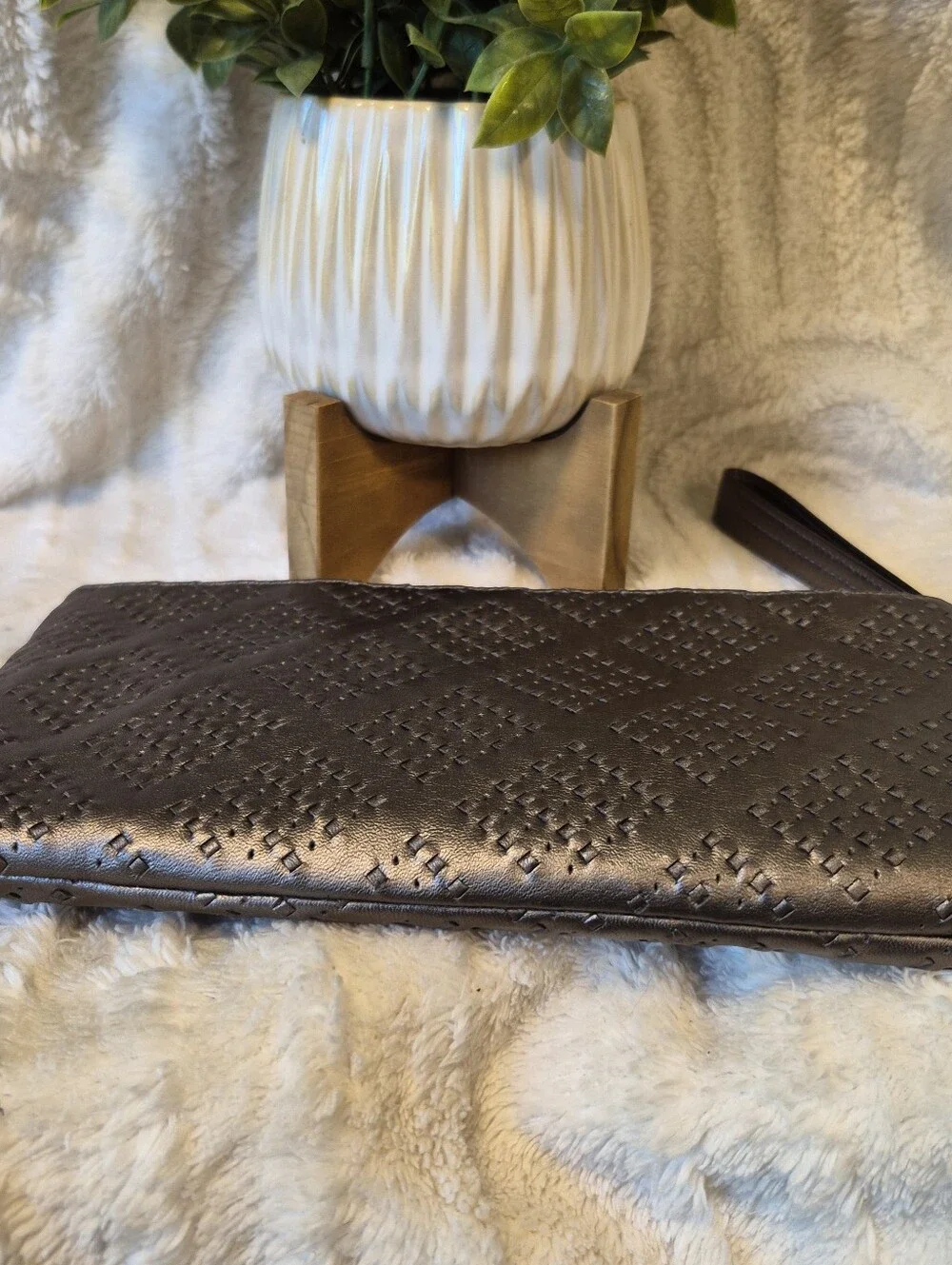 NEW Coach Madison Wristlet Pewter Metallic Woven Leather Wallet Clutch Zip Close